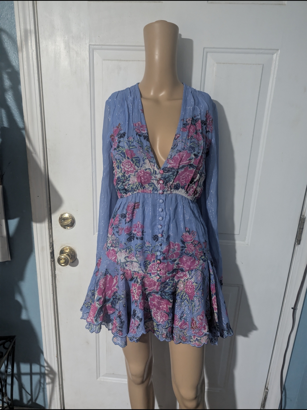 HEMANT & NANDITA Blue Mini Dress with Pink Floral Embroidery - Picture 2 of 5